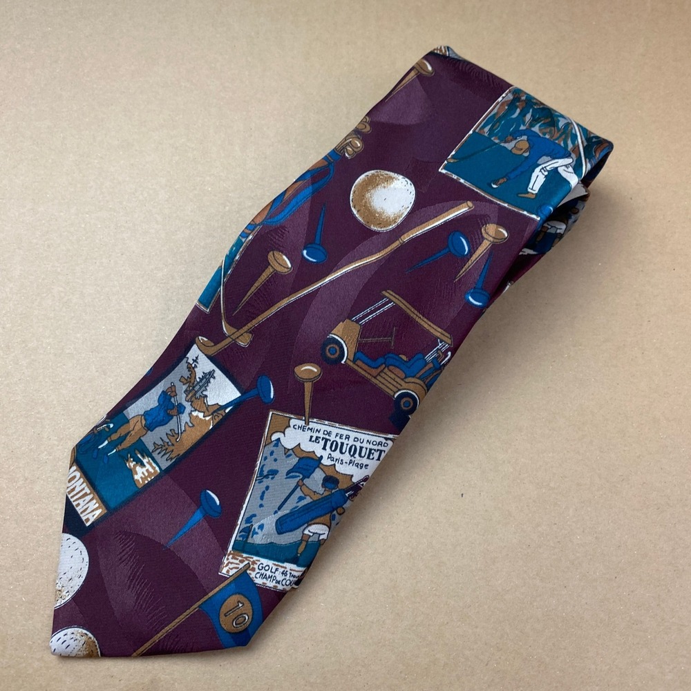 VTG Swank Golf Novelty Print Mens OS Burgundy Blue Silk Blend Hand Tailored Tie